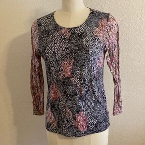 Coldwater Creek Black & Pink Bohemian Patterned 3/4 Sleeve Top